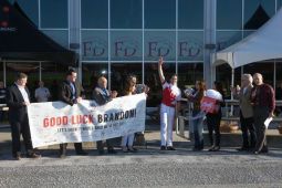 Officials from Standardbred Canada, Harness Racing BC and Great Canadian Gaming join in the Canadian Colours Presentation for Brandon Campbell