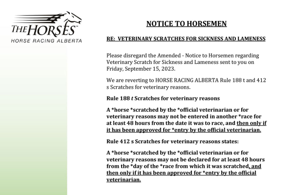 NOTICE TO HORSEMEN - Veterinary Scratches (Update)