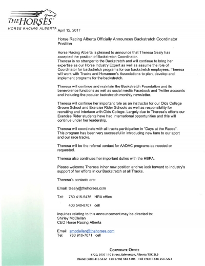 Horse Racing Alberta officially announces Backstretch Coordinator Position
