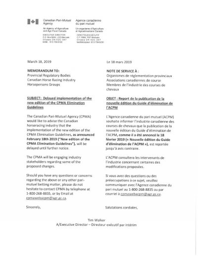 Delayed implementation of the new edition of the CPMA Elimination Guidelines