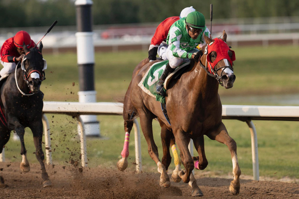 Bon Prix with jockey Jose Asencio out front in the stretch at Century Mile