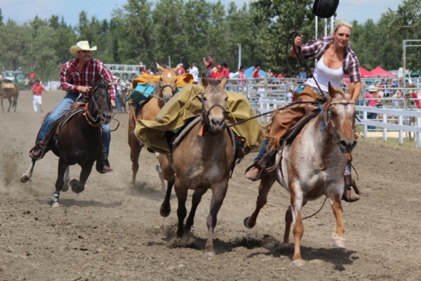 Racers in the pack horse race prior to the thoroughbred races must pack up a horse and lead it around the track first to win.