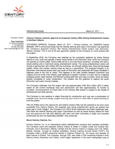 Century Casinos receives approval of proposed Century Mile Racing Entertainment Centre in Northern Alberta