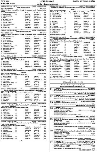 Overnight Sheet for Alberta Breeders' Fall Classic Day at Century Downs