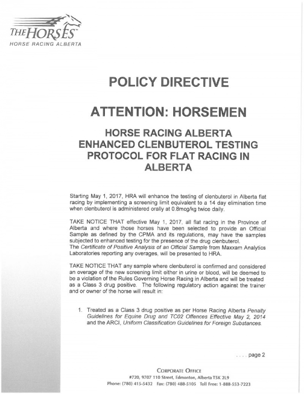 Enhanced Clenbuterol testing protocol for Flat Racing In Alberta