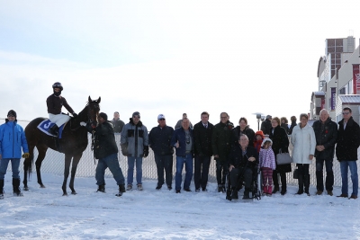 Lynn in the winners' circle at Century Downs in Calgary with Surging Star (Larry Munoz aboard, race 1) on November 4, 2017