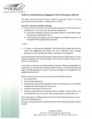 Notice to All Businesses Engaged in Horse Racing In Alberta