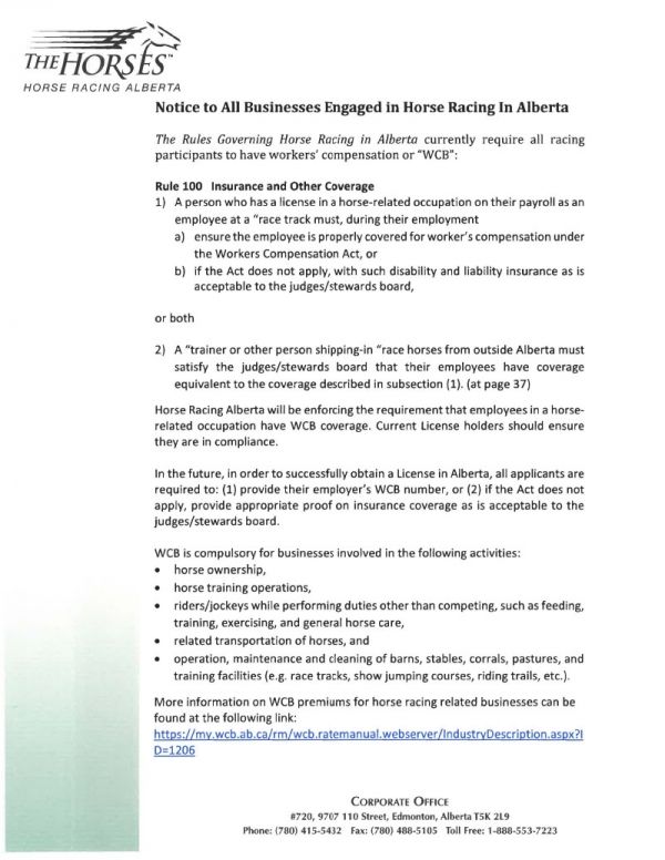 Notice to All Businesses Engaged in Horse Racing In Alberta