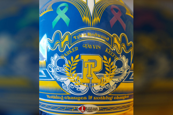 The back of Tyler Redwood's racing helmet